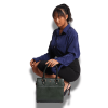 A girl sitting and posing with MIVA- Forest green color bag.