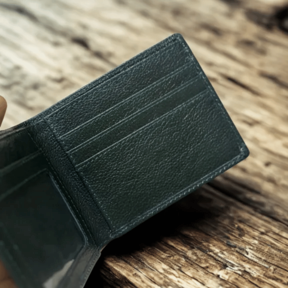 A picture of a green leather wallet when opened.