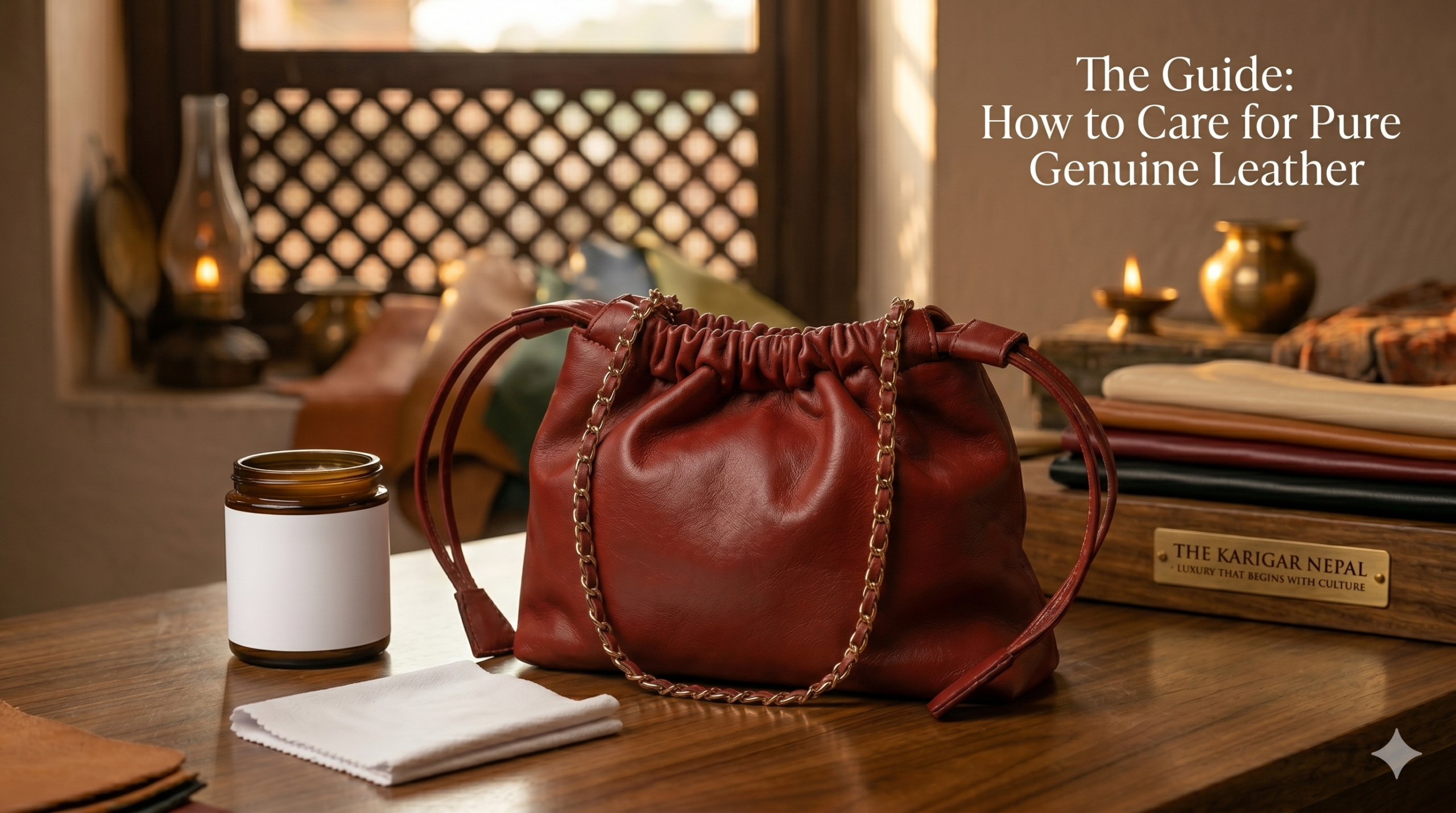 Handcrafted Ruby Red leather Thaili bag by The Karigar Nepal with a leather care jar and cleaning cloth on a workshop table.