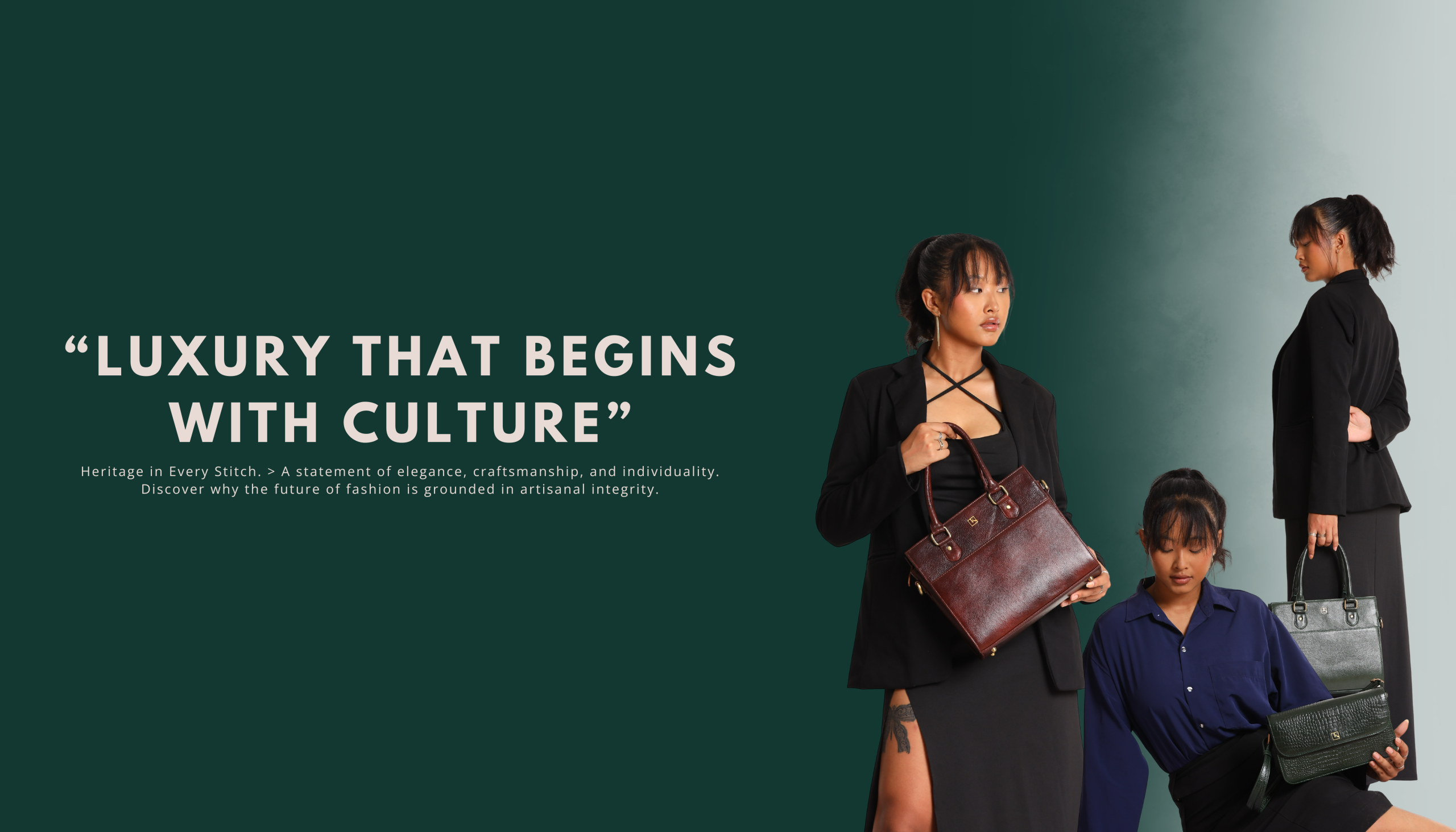 Handcrafted leather handbag collection by The Karigar Nepal featuring three models in professional attire holding the Miva bags and Elira croc-embossed bags. The background is a deep emerald green with the brand slogan 'LUXURY THAT BEGINS WITH CULTURE'.